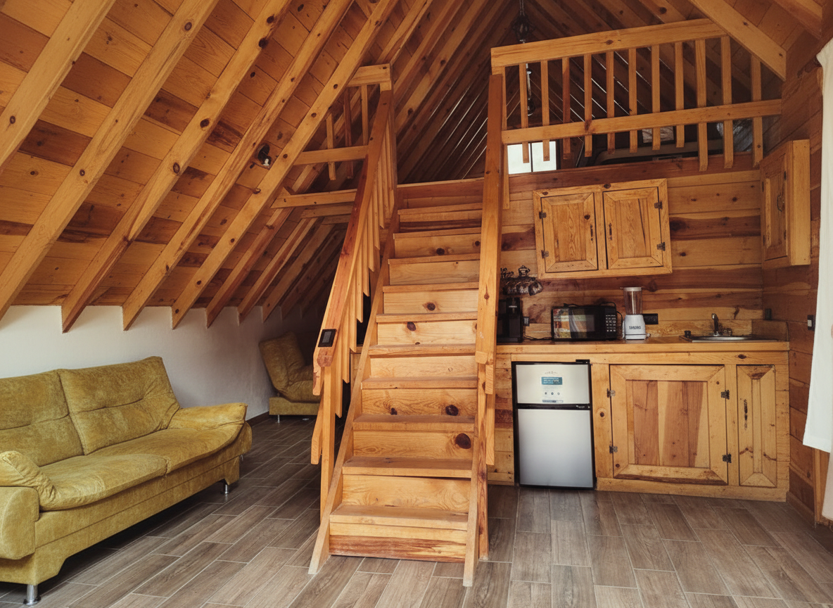 Escalera de madera al mezanine